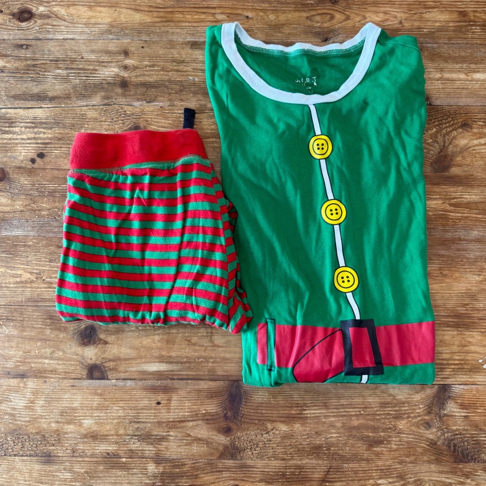 Secret Santa Christmas Elf Pajama Set Women's Med Green Red Striped 100% Cotton